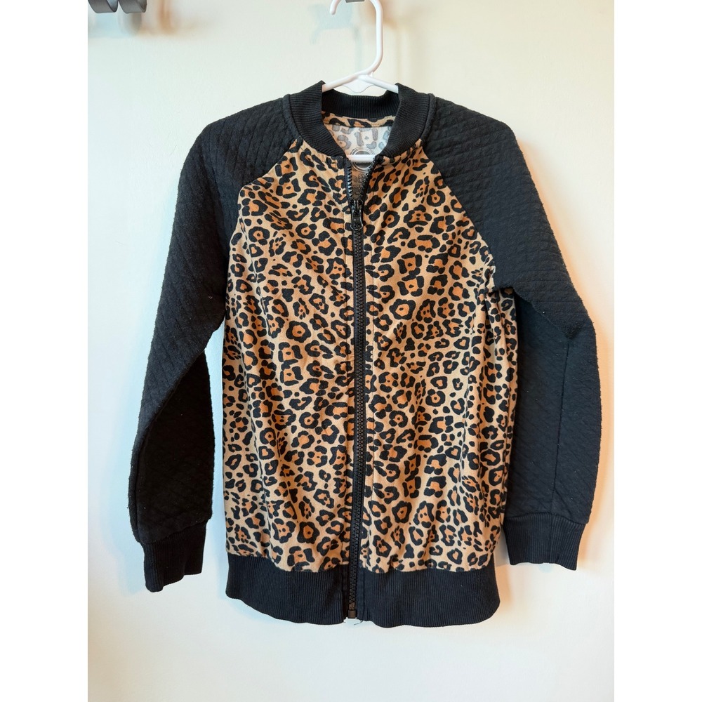 Wonder Nation Girls Leopard Print Bomber Jacket Black Quilted Sleeves S 6-6X